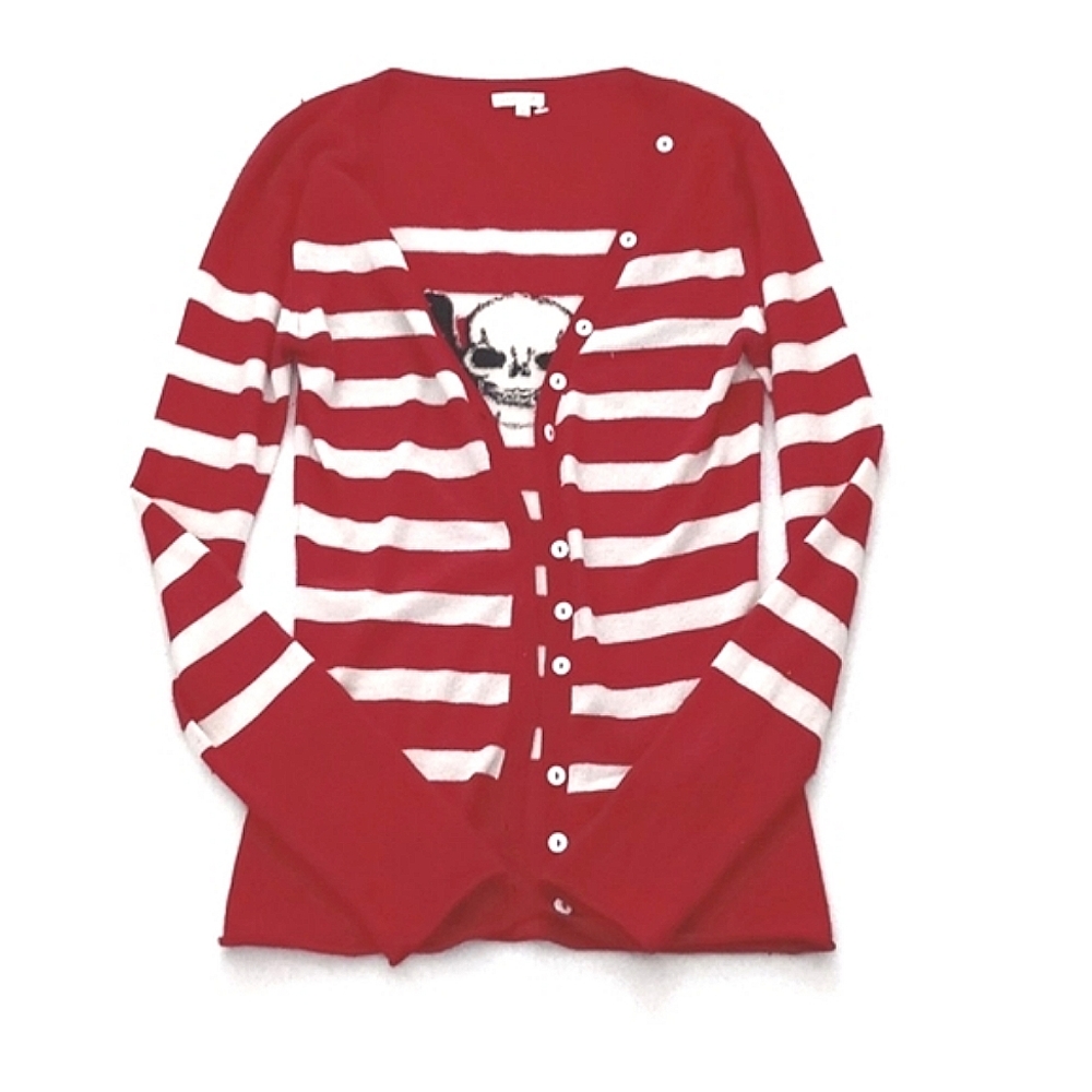 *Relisted* Cashmere & Silk Red White Stripe Long Sleeve Cardigan Skull on Back S - Picture 1 of 14